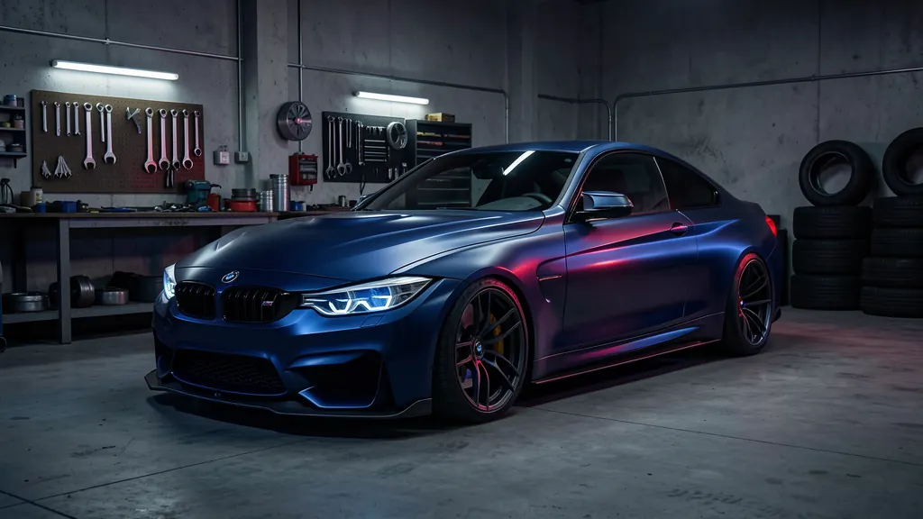 Performance coupe in a workshop